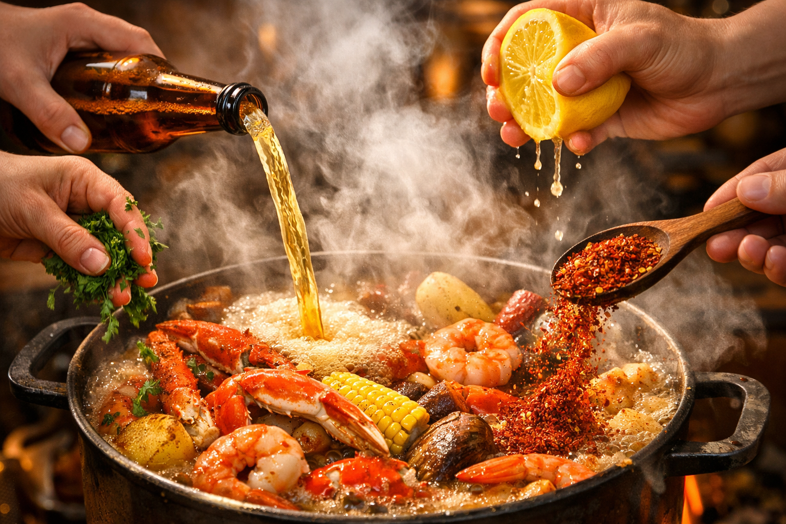 Close-up composition showing hands adding creative ingredients to bubbling seafood boil pot - beer being poured, fresh herbs being sprinkled