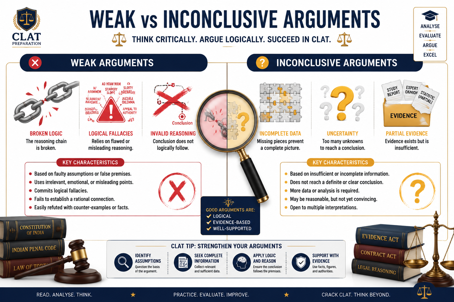 () detailed infographic showing side-by-side comparison chart with two columns labeled 'Weak Arguments' and 'Inconclusive