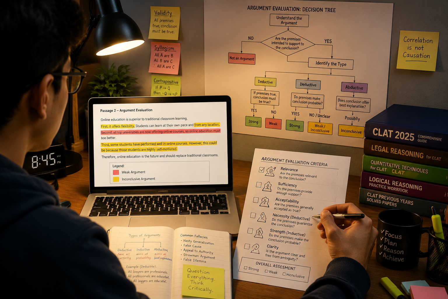 () conceptual illustration showing student at desk analyzing complex reasoning puzzle on laptop screen. Screen displays