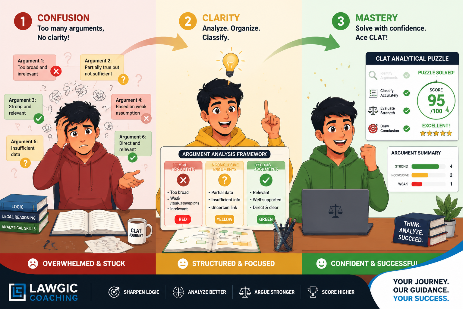 () dynamic visual showing three-panel progression of mastering argument analysis. Panel 1: confused student looking at