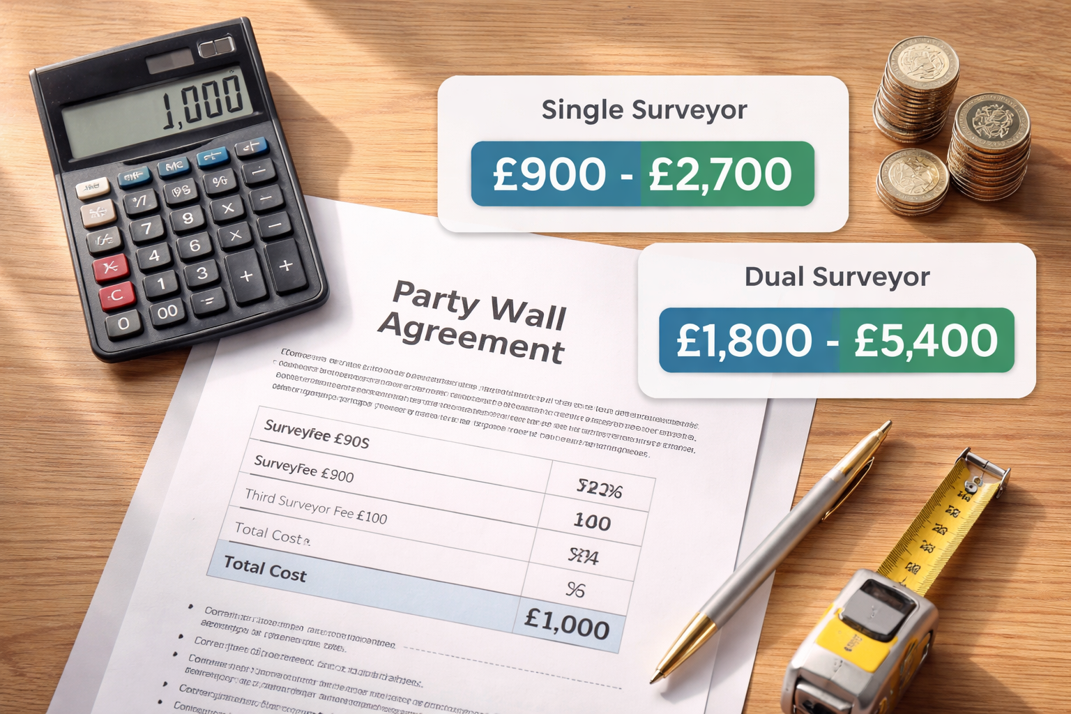 Flat-lay overhead shot of a wooden desk showing a party wall agreement document with £1,000 cost breakdown table visible, a