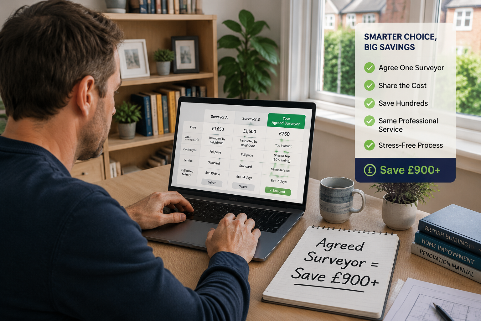 Wide-angle shot of a UK homeowner sitting at a laptop comparing party wall surveyor quotes side by side on screen, with a