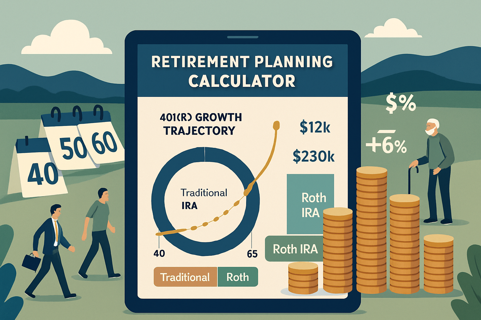 Detailed landscape illustration (1536x1024) showing retirement planning calculator interface on tablet screen in foreground with visual elem