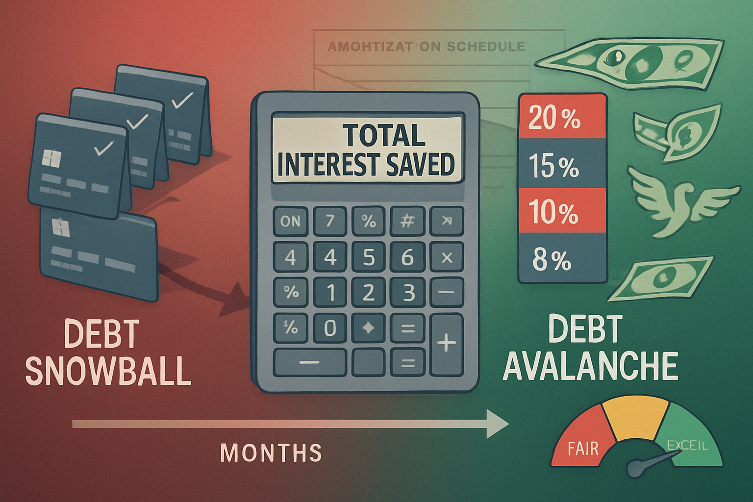 Detailed landscape composition (1536x1024) depicting debt payoff visualization with split-screen comparison: left side shows debt snowball m