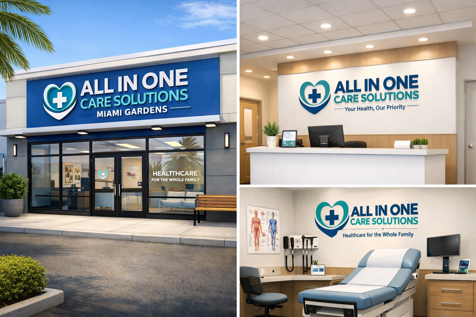 All In One Care Solutions Miami Gardens clinic exterior and interior split view showing modern medical facility signage,