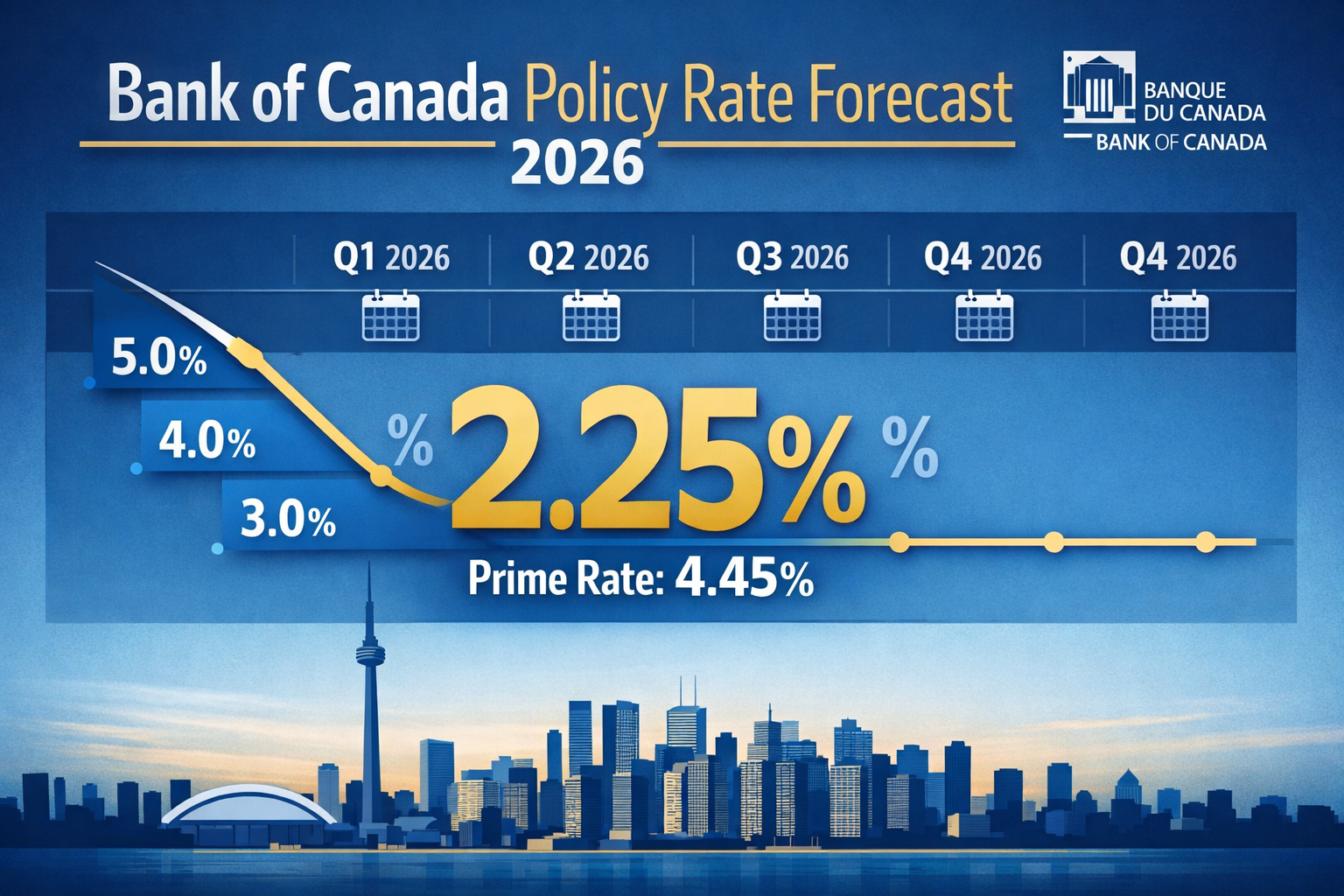Landscape format (1536x1024) detailed infographic showing Bank of Canada policy rate timeline for 2026, featuring horizontal timeline with q