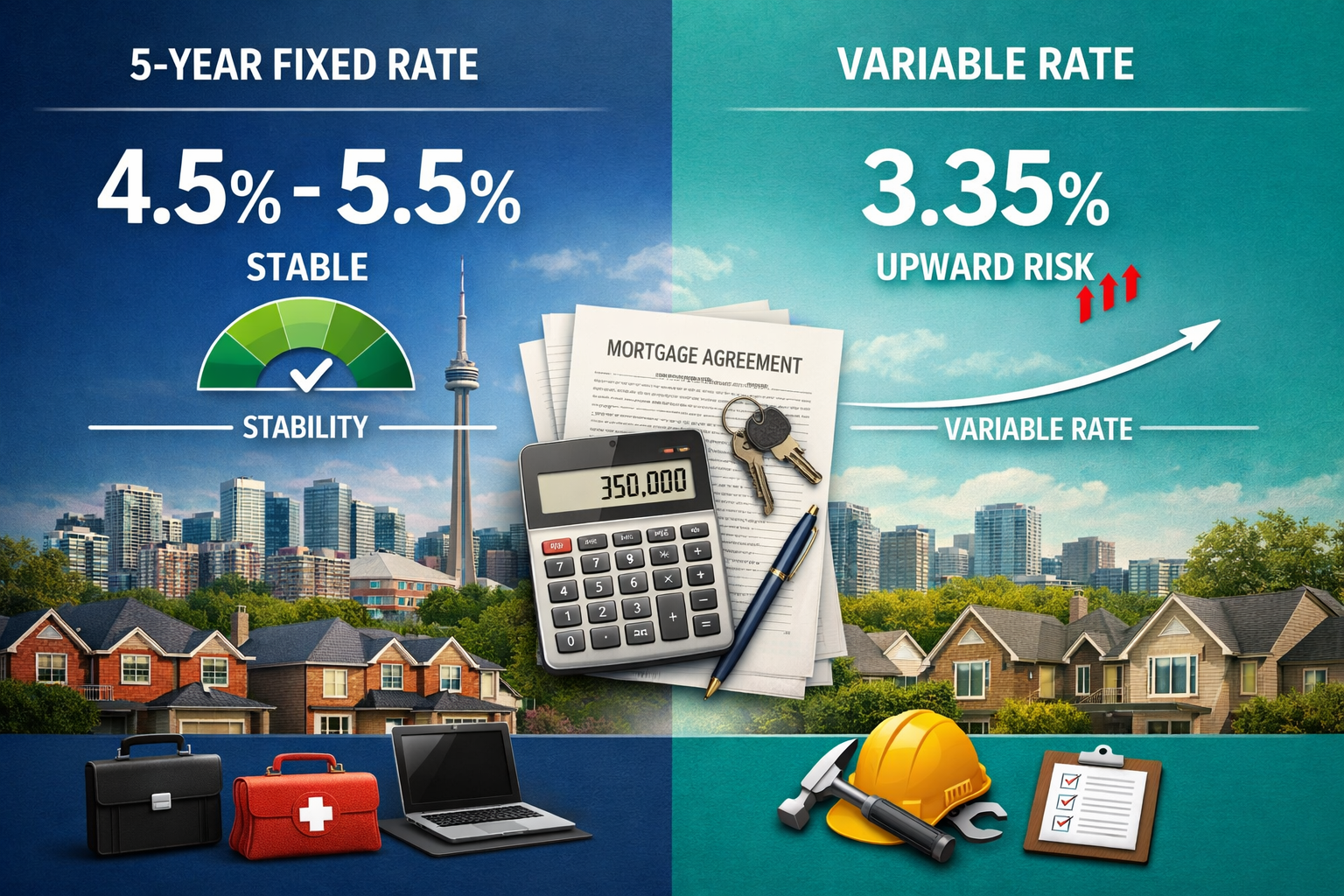 Landscape format (1536x1024) split-screen comparison visual showing fixed vs variable mortgage rates for self-employed borrowers, left side