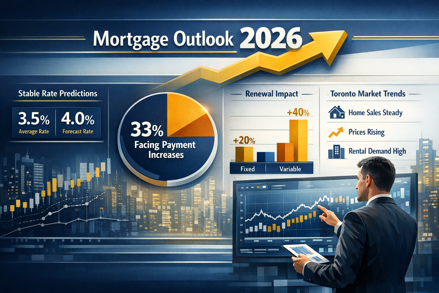 Landscape format (1536x1024) strategic forecast visualization for 2026 mortgage outlook, featuring large upward trending arrow with 2026 pro