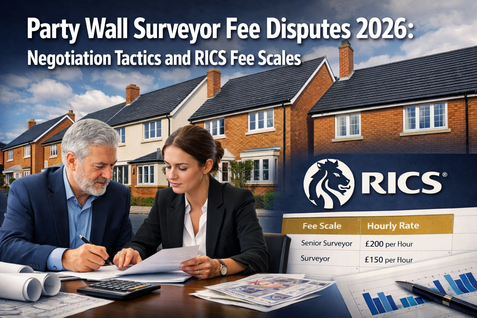 Professional () hero image featuring 'Party Wall Surveyor Fee Disputes 2026: Negotiation Tactics and RICS Fee Scales' in