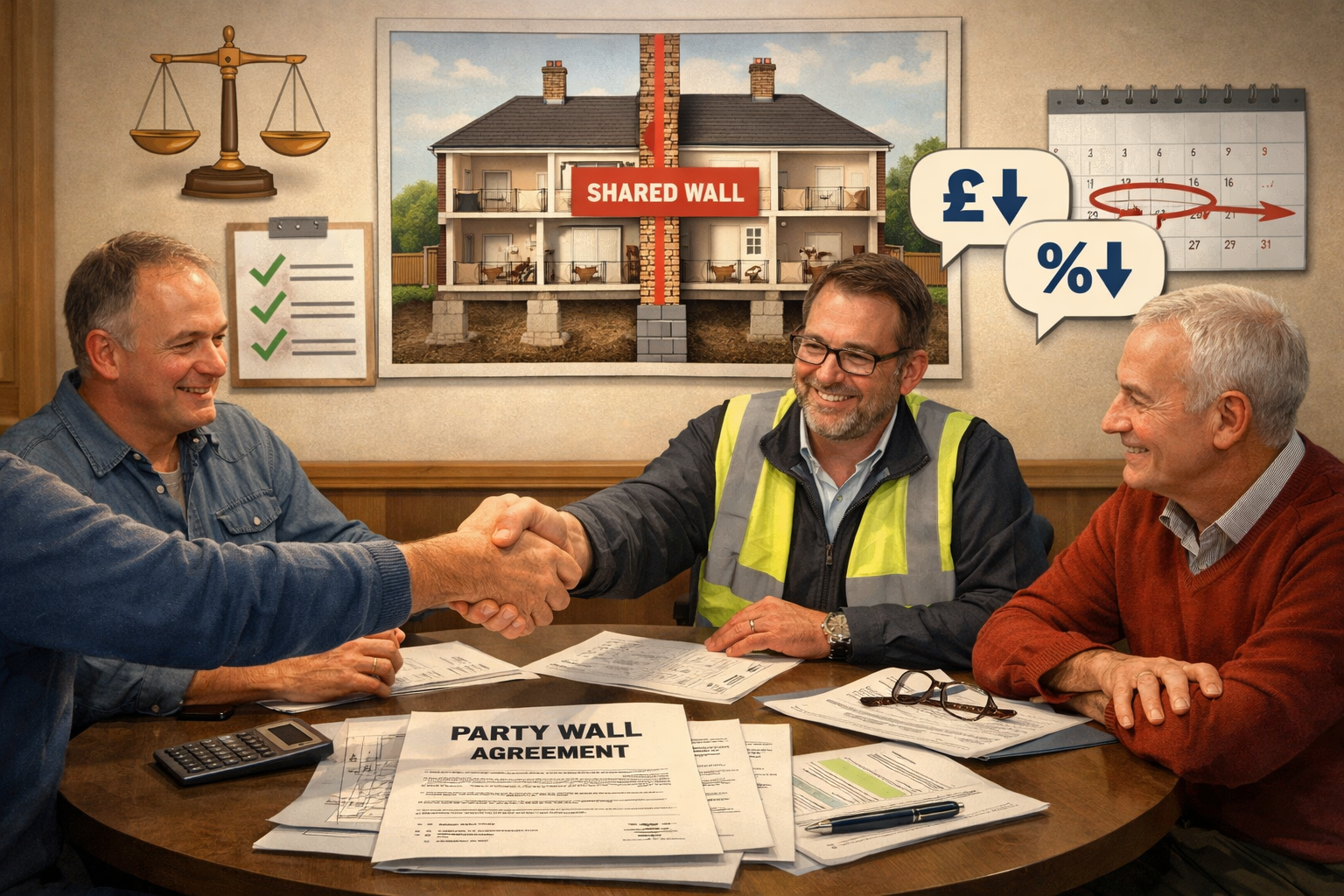 () image depicting negotiation scene with two property owners and surveyor seated at round table with party wall agreement