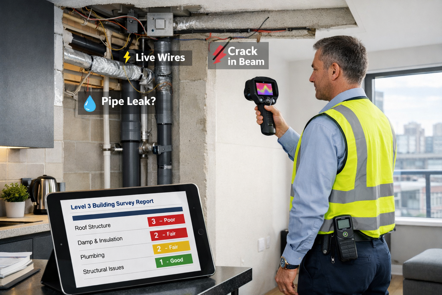 Detailed () image showing professional chartered surveyor conducting comprehensive Level 3 RICS building survey inside