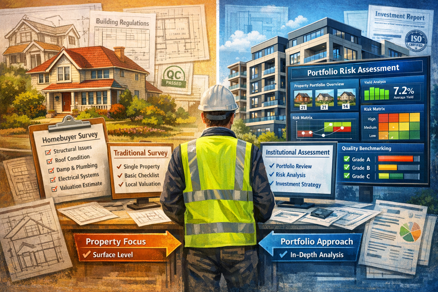 Detailed () image depicting split-screen comparison of traditional residential property survey versus institutional