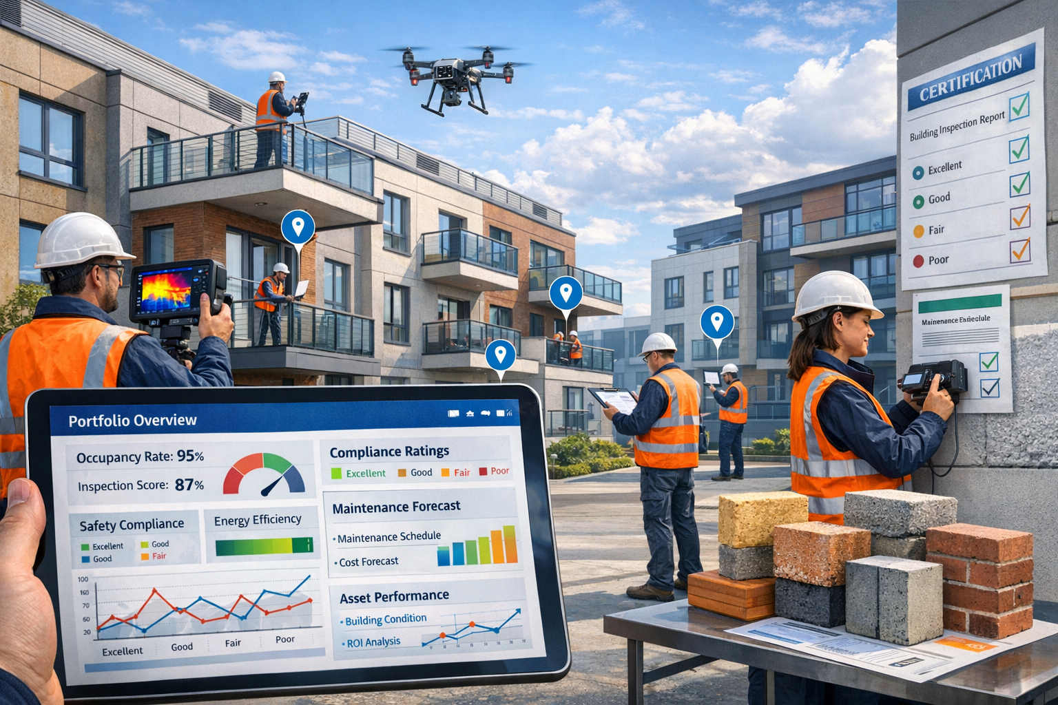 Detailed () image showing professional survey team conducting multi-property portfolio assessment across institutional