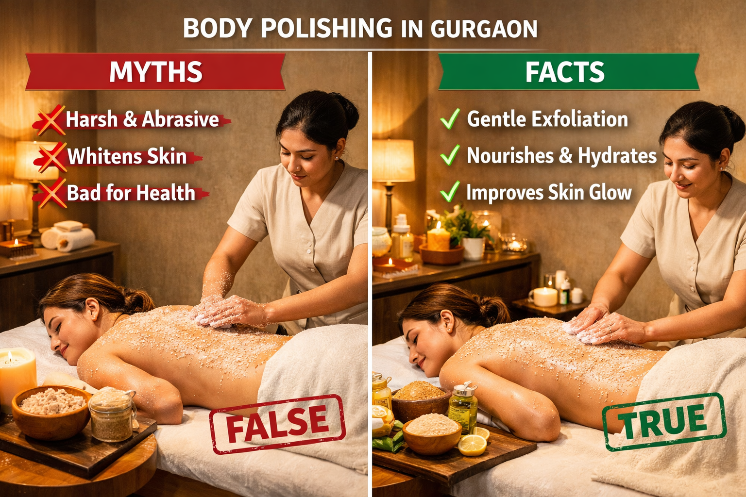 Landscape format (1536x1024) image showing split-screen comparison debunking body polishing myths - left side displays common misconceptions