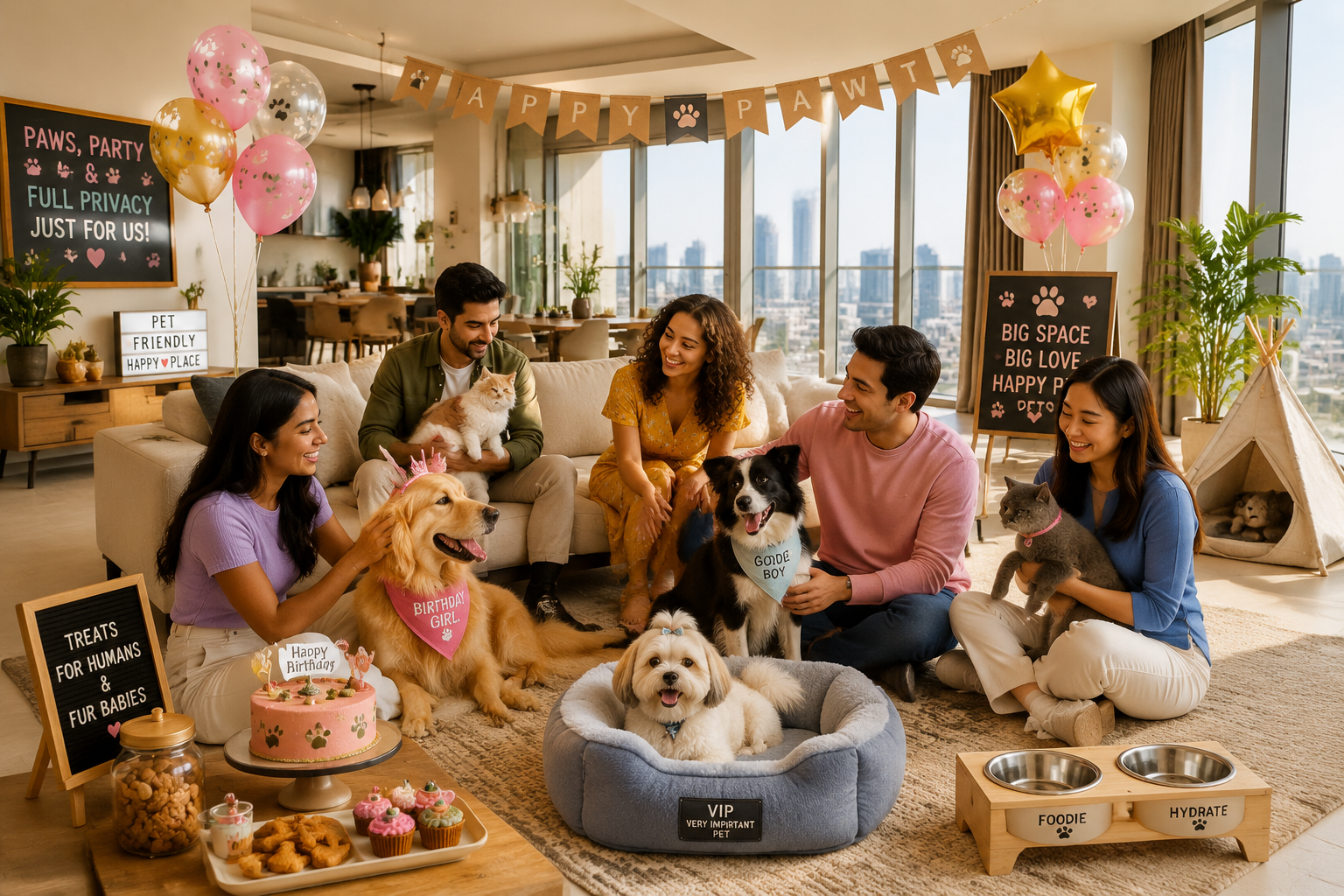 () image showcasing a diverse group of young people and their various pets (dogs, cats) happily interacting in a brightly