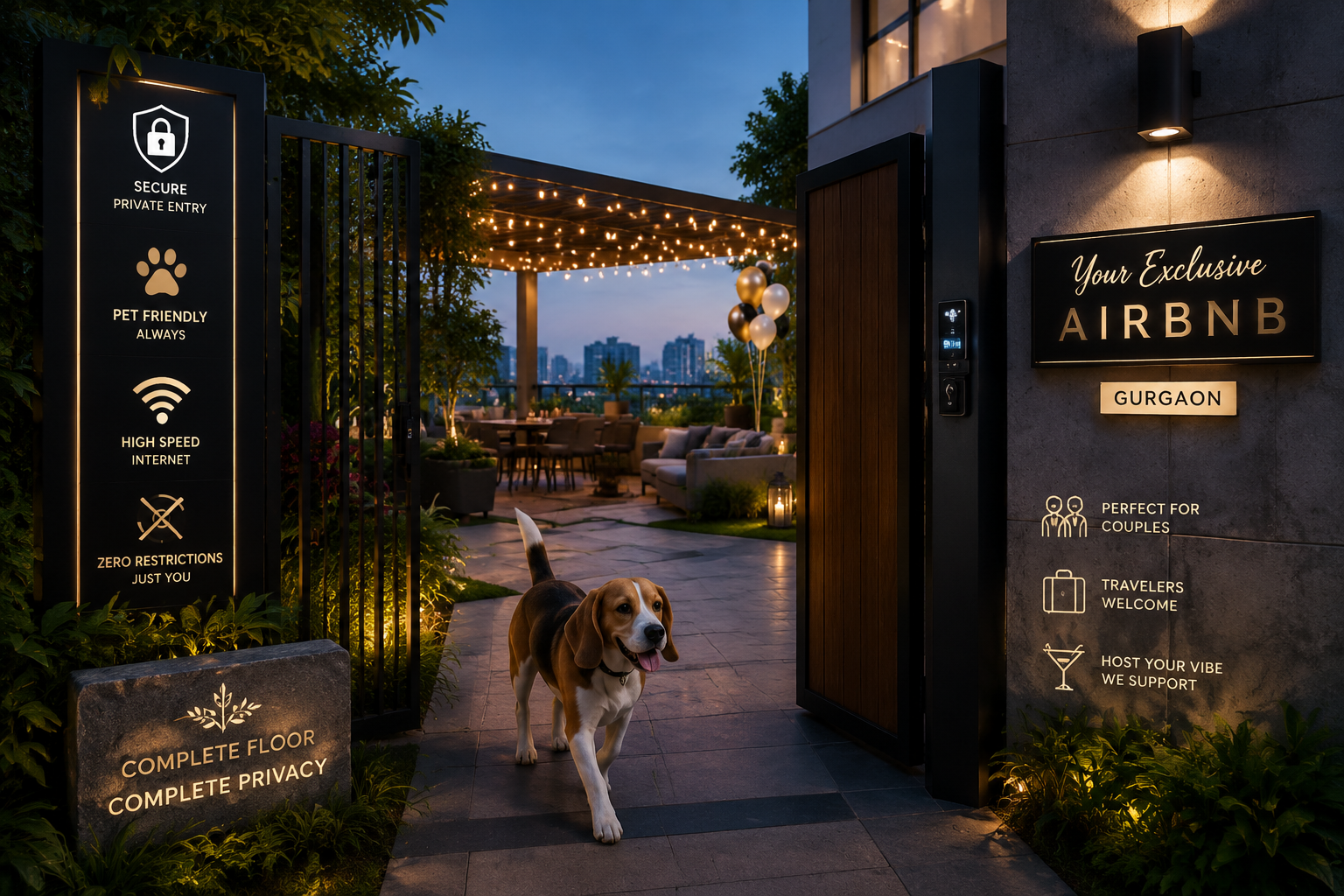 () image illustrating an automated, secure private entrance to an exclusive Airbnb property in Gurgaon, with a pet (e.g., a