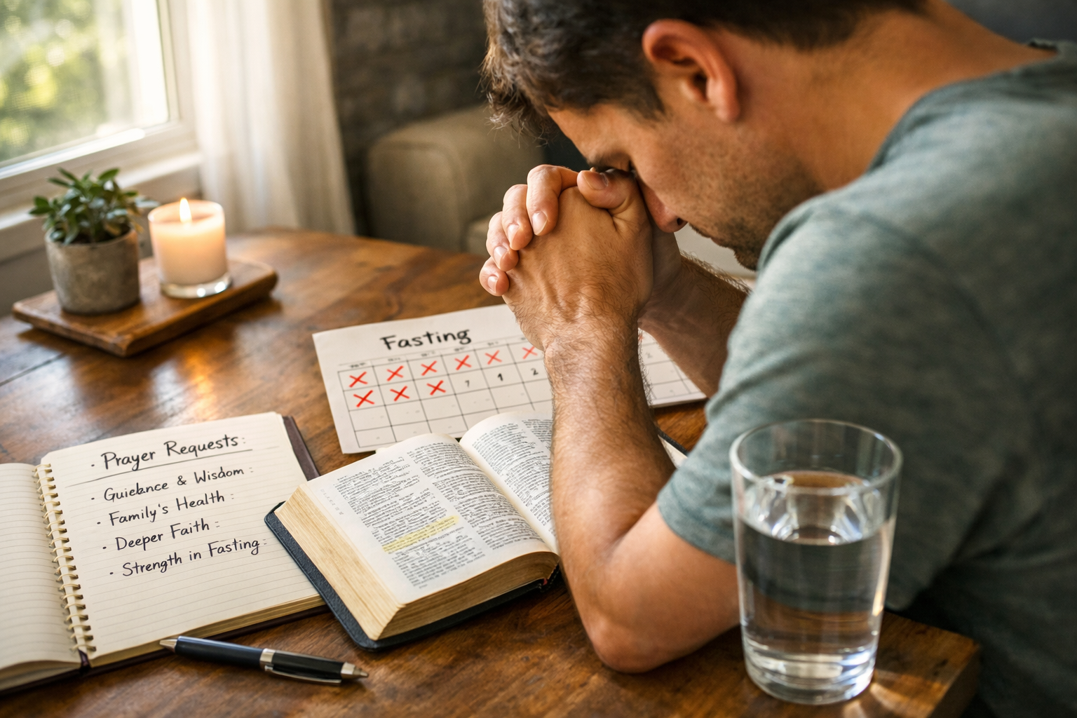 Inspiring landscape photograph (1536x1024) of person in modern prayer posture with Bible open, natural light from window, peaceful home sett