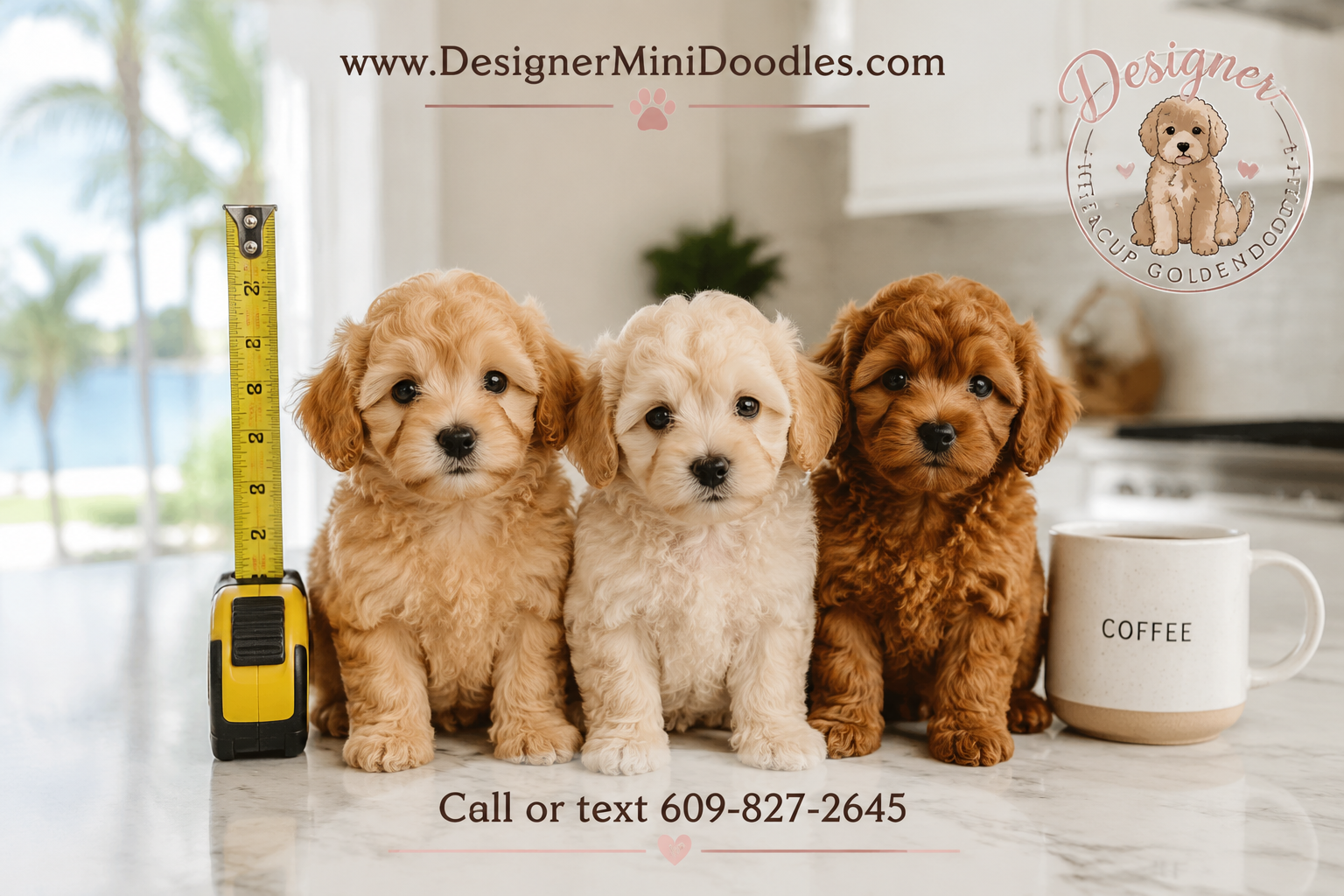 Landscape photo of three tiny teacup goldendoodle puppies in apricot, cream, and red coats sitting beside a standard