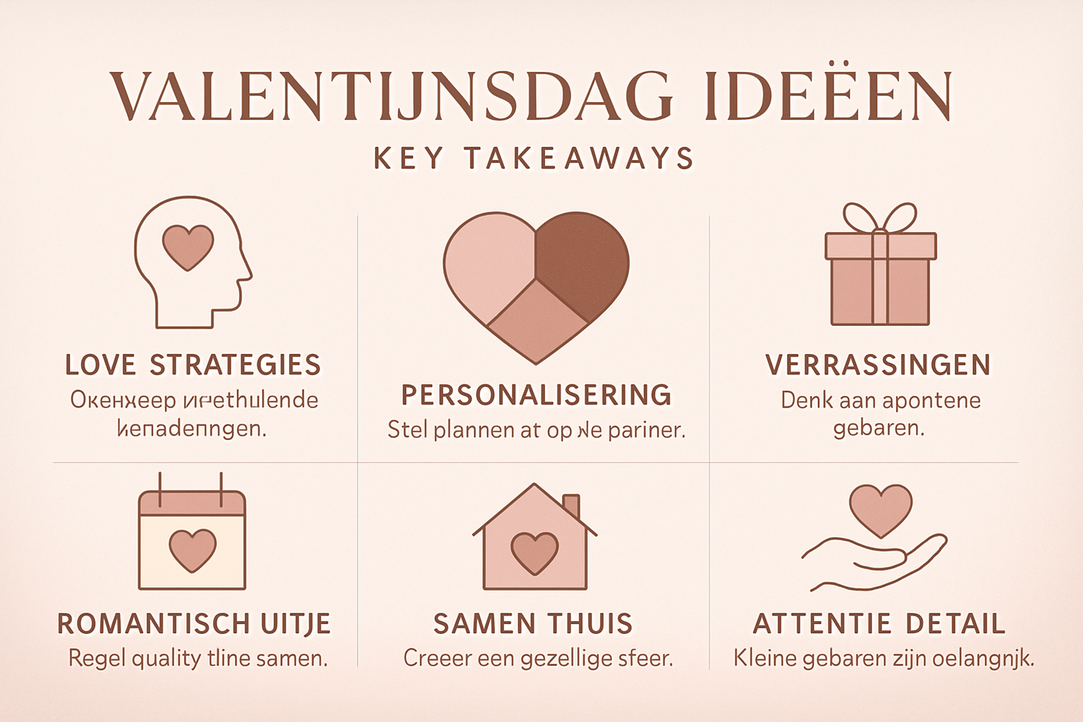 Elegant editorial infographic illustrating 'Key Takeaways' for Valentijnsdag Ideeen, featuring minimalist icons representing love strategies