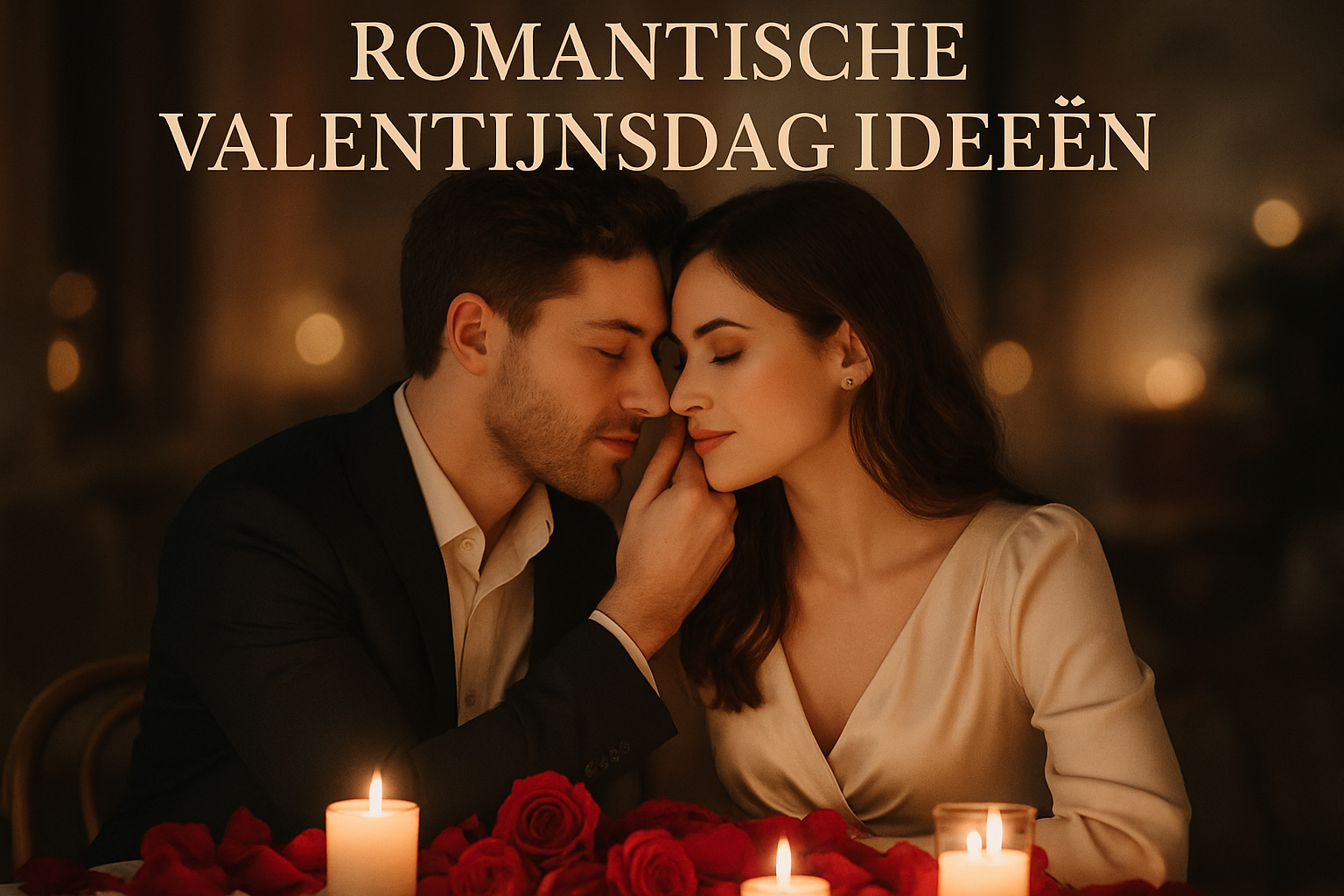 Romantic photographic composition capturing intimate 'Romantische Valentijnsdag Ideeen', featuring elegant couple in soft candlelight, luxur