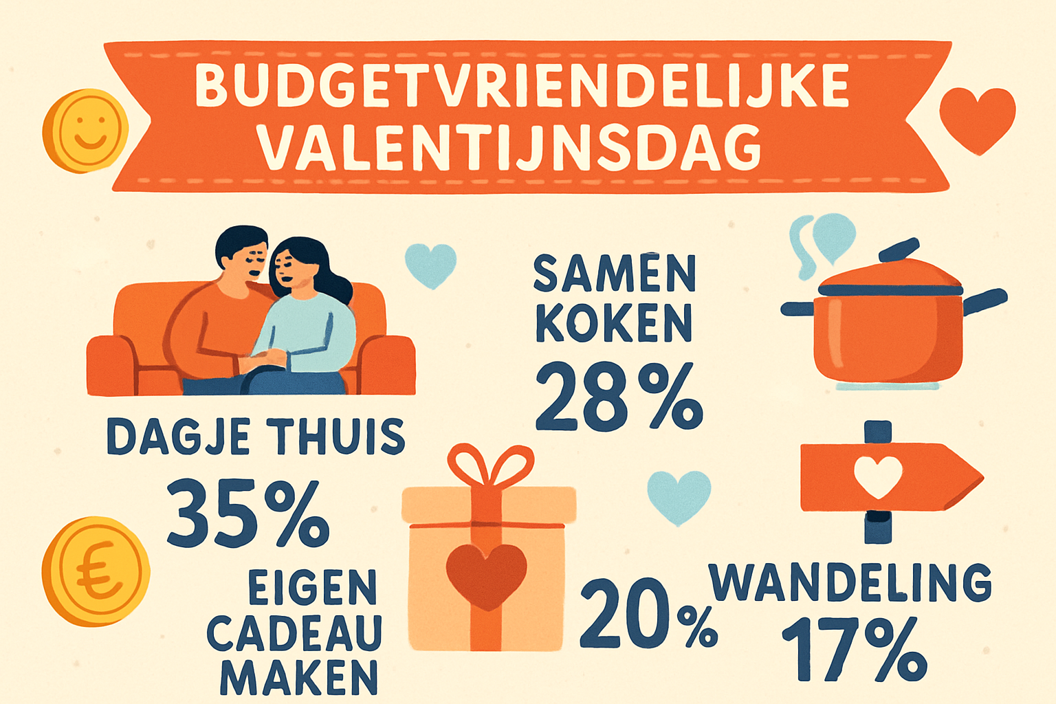 Budget-friendly Valentijnsdag visual featuring creative money-saving love celebration elements, infographic style with playful coin and hear