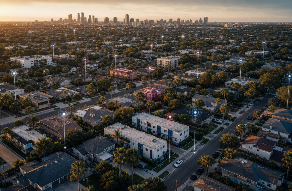 Aerial view of a diverse neighborhood of single-family rental homes and small multifamily buildings in a Sun Belt city, with