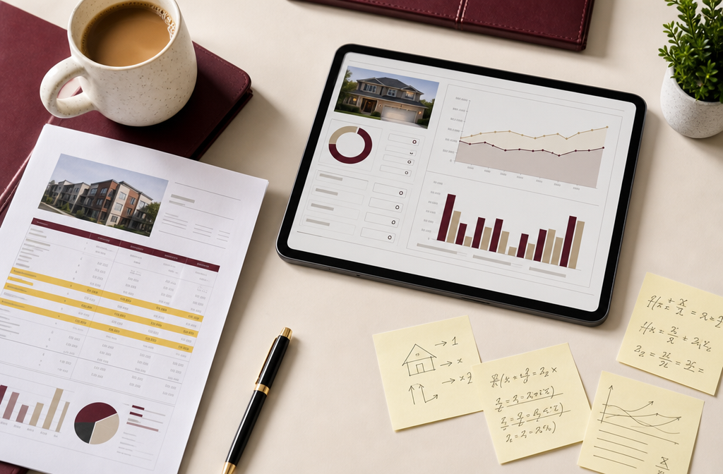 Close-up flat-lay of a real estate investor's workspace showing a rental property cash flow calculator on a tablet screen, a