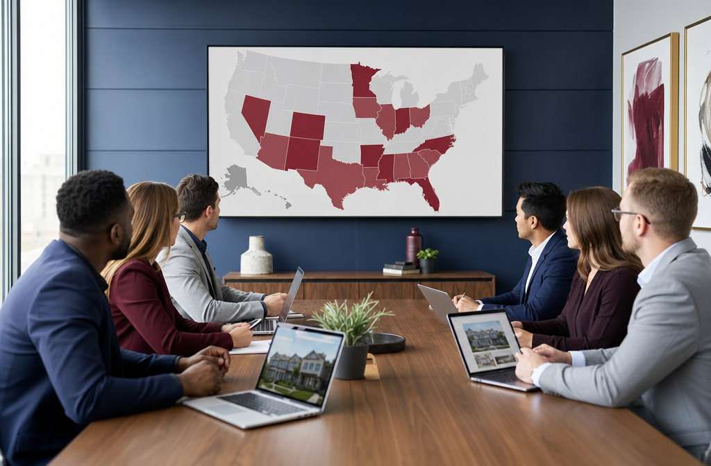 Wide-angle shot of a diverse group of real estate investors gathered around a conference table reviewing property listings