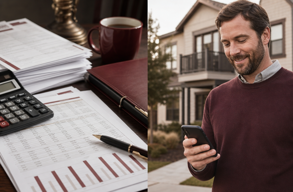 Split-scene image showing on the left side a stack of tax documents, a calculator, and a depreciation schedule on a desk,