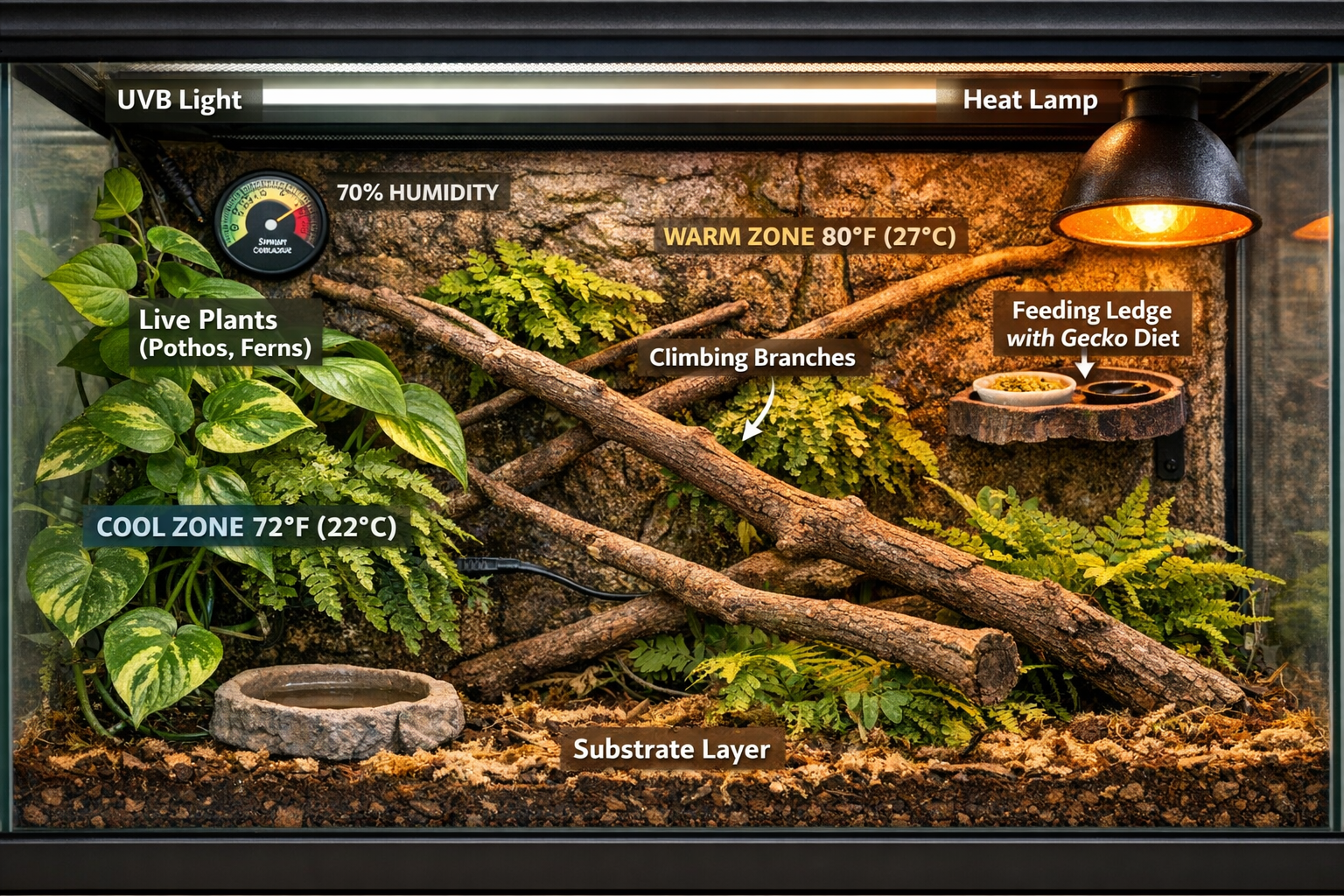 Landscape format (1536x1024) complete crested gecko habitat setup showing properly equipped terrarium with vertical space, live plants inclu
