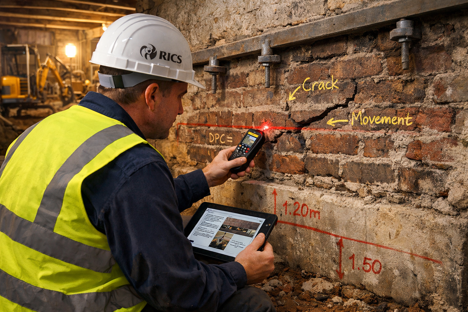 Detailed () image showing professional RICS chartered surveyor in high-visibility vest and hard hat conducting detailed