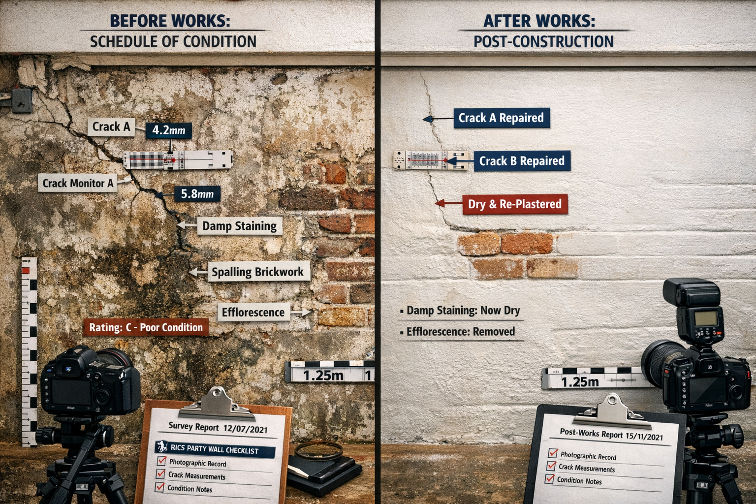 Detailed () split-screen comparison image showing 'before and after' Schedule of Condition documentation for party wall in
