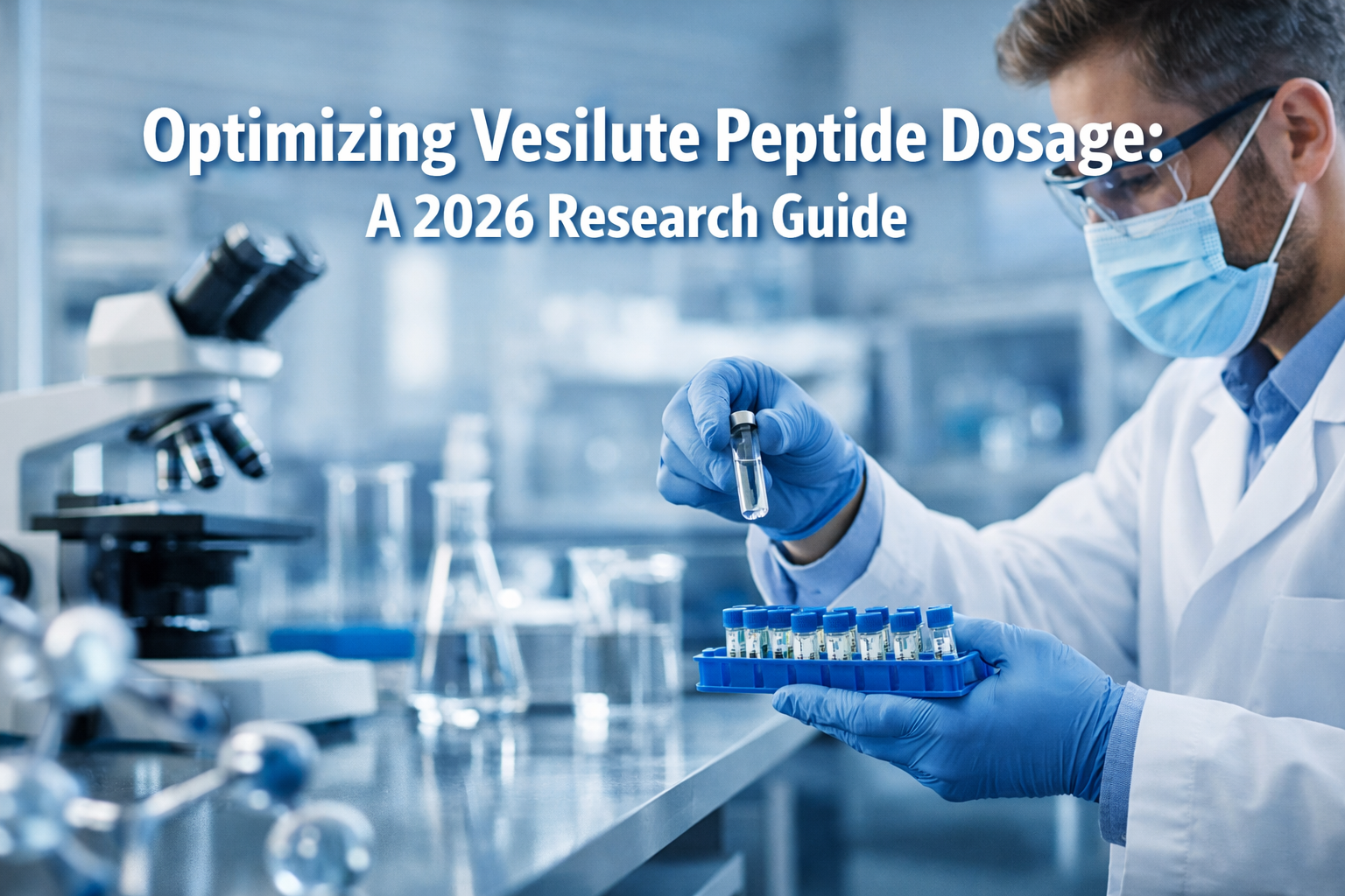 Professional landscape hero image (1536x1024) with bold text overlay: 'Optimizing Vesilute Peptide Dosage: A 2026 Research Guide', modern sa