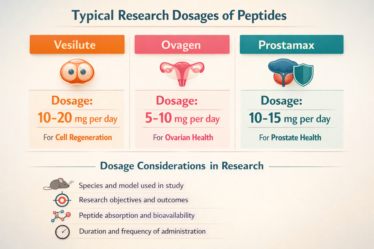 An infographic comparing the typical research dosages of various peptides, including Vesilute, Ovagen, and Prostamax, presented in a clear, 