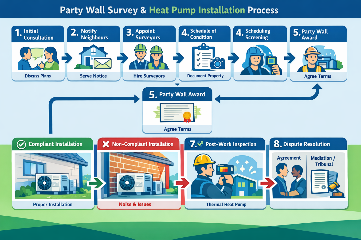 Detailed landscape format (1536x1024) step-by-step process diagram for party wall survey and heat pump installation: numbered workflow from