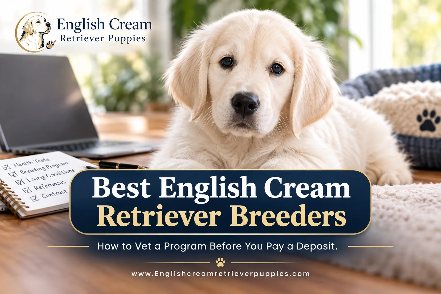 A reading "Best English Cream Retriever Breeders". CRITICAL TYPOGRAPHY RULES: render the text on 1–2 lines, centered, with