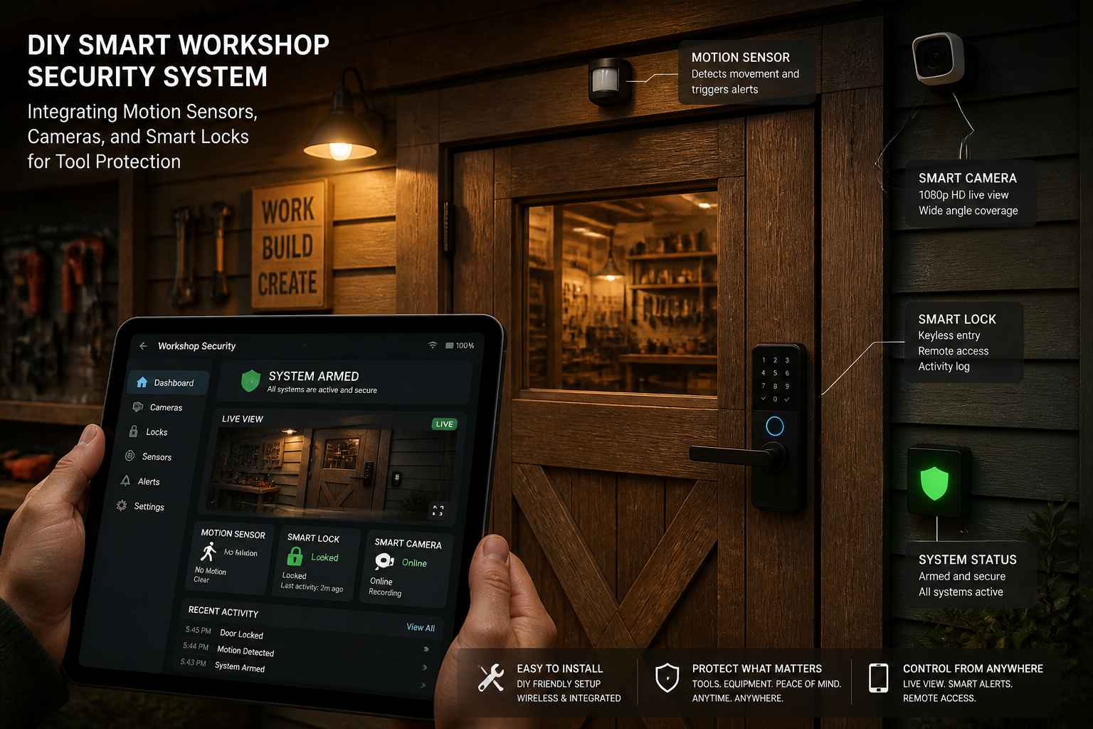 Detailed () image showing a close-up of a workshop entrance, focusing on a smart lock integrated into a robust wooden door,