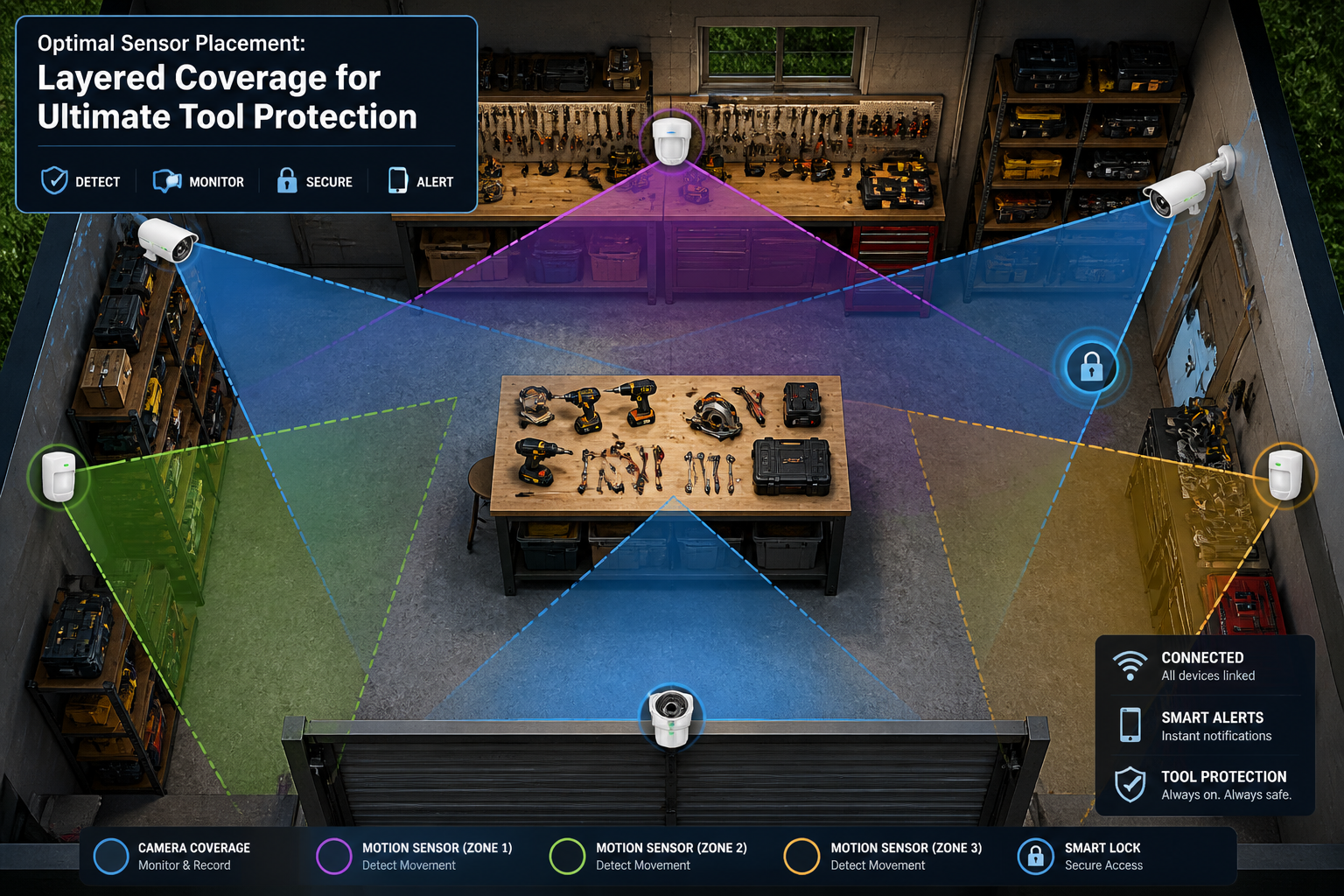 () image depicting an overhead view of a workshop, illustrating a strategic layout of multiple motion sensors and smart
