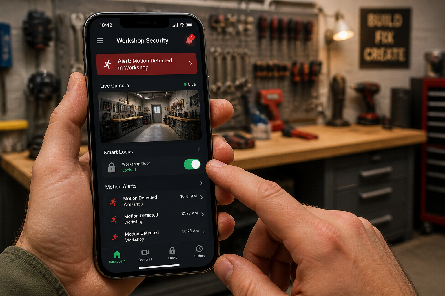 () image showing a user interacting with a mobile app on a smartphone, displaying the integrated control panel for their DIY