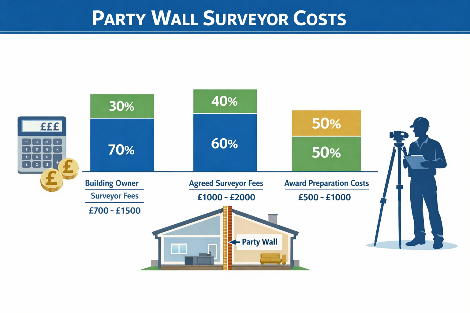 Detailed infographic illustration showing breakdown of party wall surveyor costs in landscape format (1536x1024). Visual elements include: s