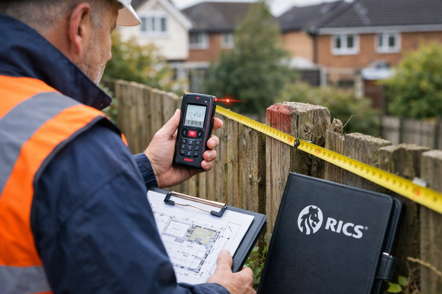 () editorial image showing close-up of professional RICS chartered surveyor in high-visibility vest examining boundary fence