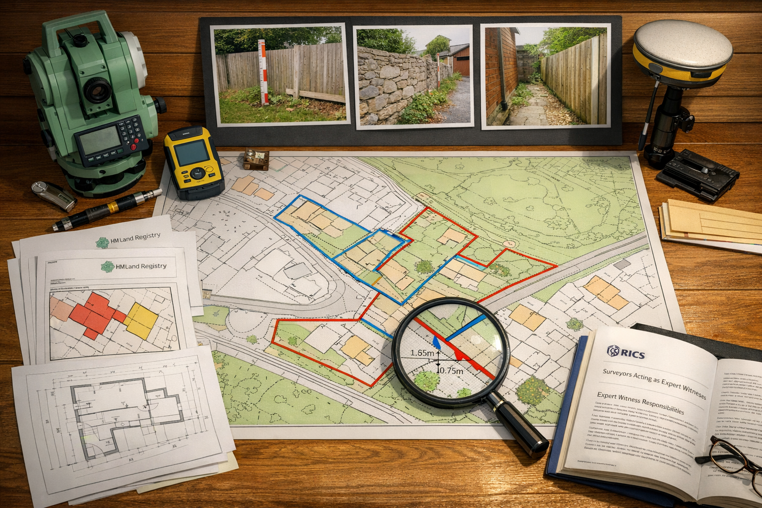 () professional composition displaying organized evidence documentation for boundary dispute case: large format topographic
