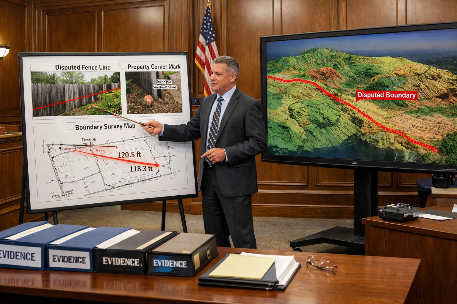 () courtroom preparation scene showing expert witness presenting boundary dispute evidence: professional surveyor in formal