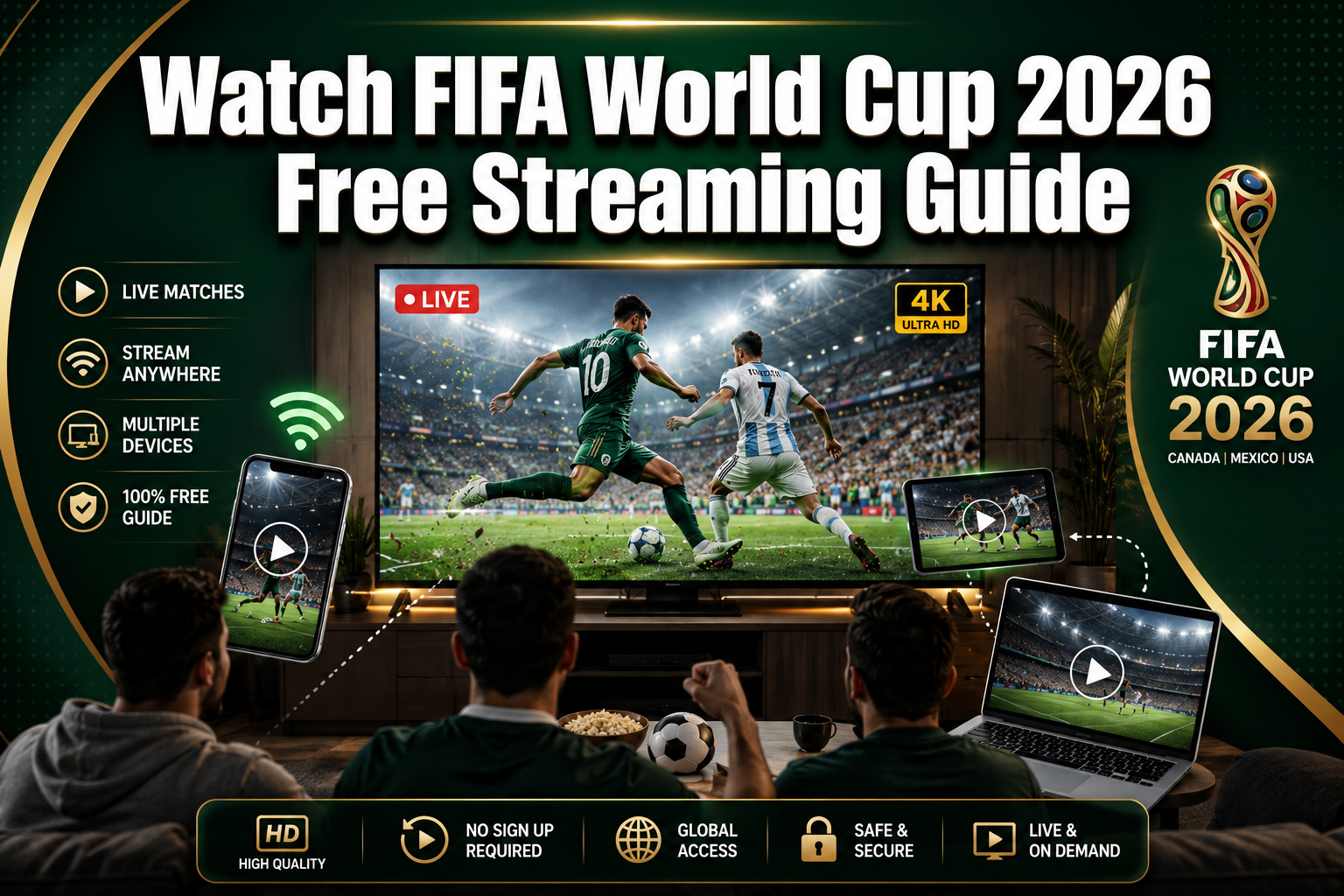 Professional () hero image featuring 'Watch FIFA World Cup 2026 Free Streaming Guide' in extra large white with dark ,