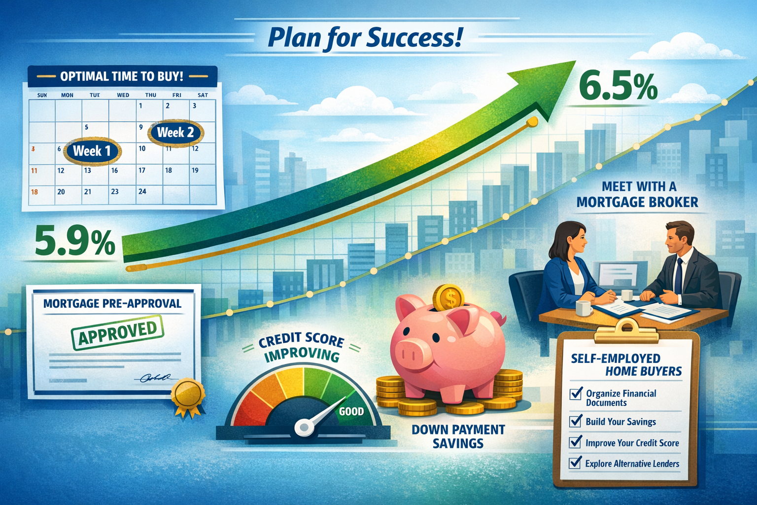 Landscape format (1536x1024) strategic planning visualization showing upward trending arrow from 5.9% to 6.5% rate range with actionable ste