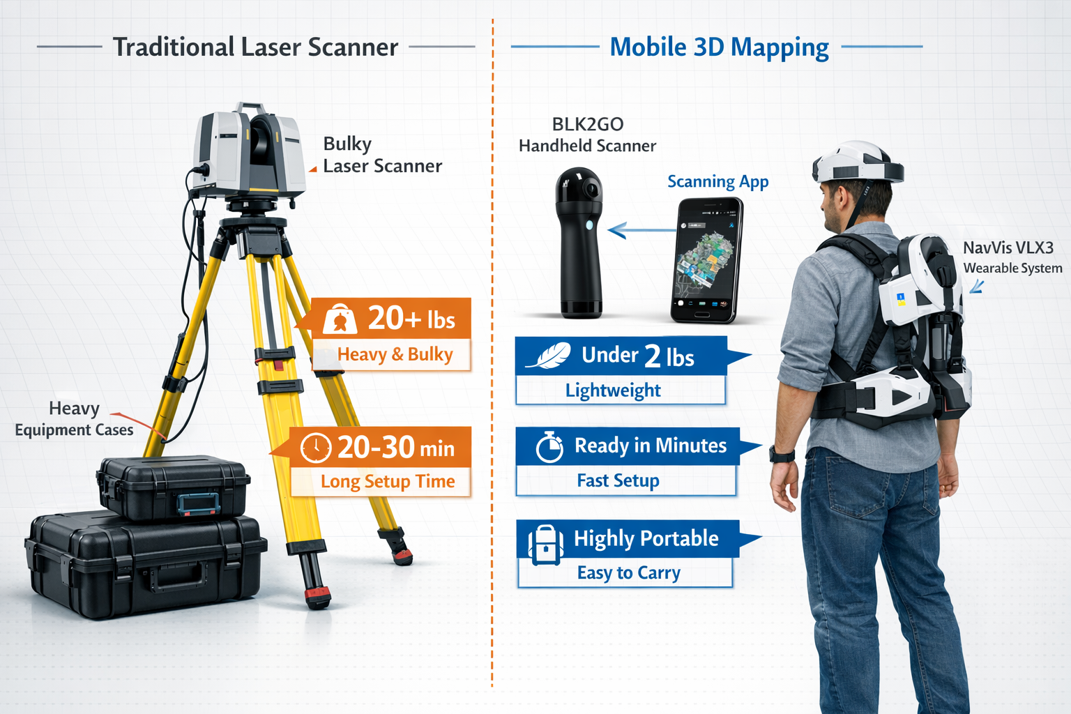 Landscape format (1536x1024) editorial image showing comparison of traditional bulky surveying equipment versus modern mobile 3D mapping too