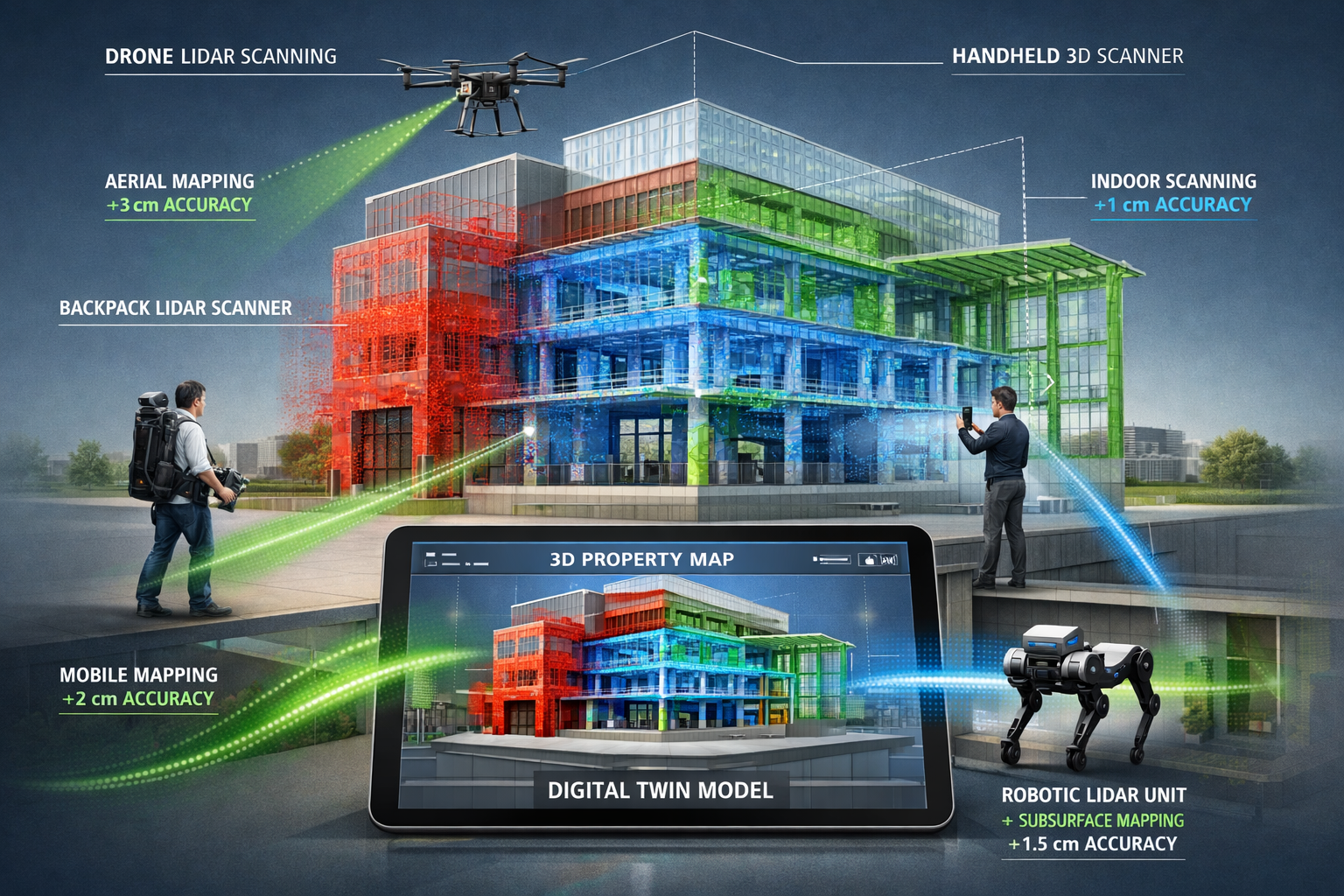 Landscape format (1536x1024) technical visualization showing mobile 3D mapping workflow for property survey. Central image of modern commerc