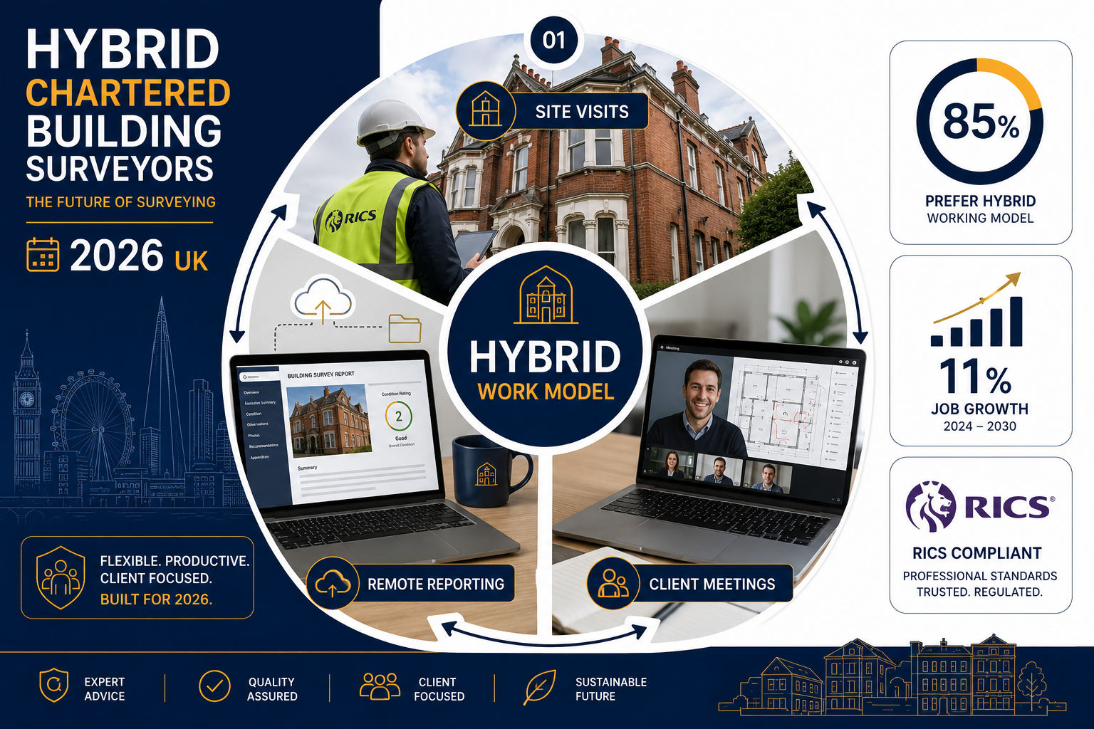 () infographic-style illustration showing a circular workflow diagram for hybrid chartered building surveyors in 2026 UK.