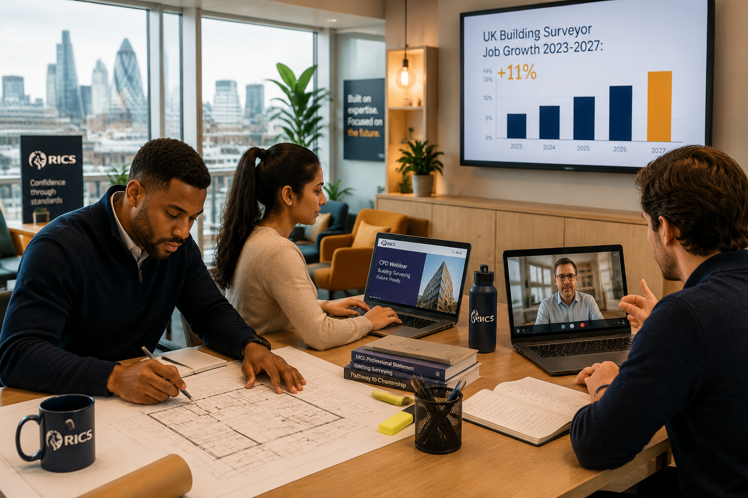 () editorial photograph-style image showing career development for chartered building surveyors in the 2026 UK hybrid jobs