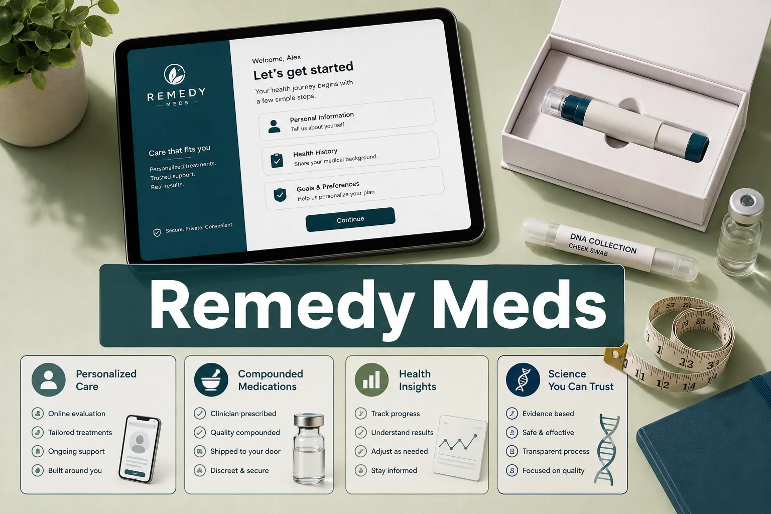 Professional () editorial hero image with SHORT (≤42 chars): 'Remedy Meds', crisp white set on a deep teal semi-transparent